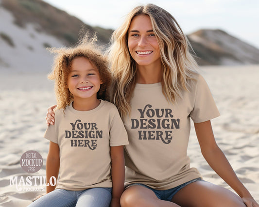 Mom and Me Shirt Mockup, Sand Gildan 5000 Matching T-shirts Mockup