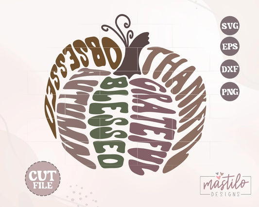 Thankful Grateful Blessed Groovy SVG, Retro Fall SVG, Groovy Word Art Svg