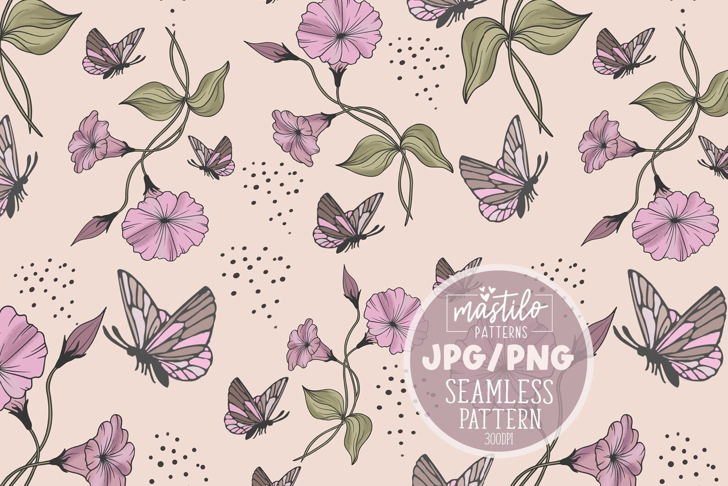 Boho Flowers and Butterflies Seamless Pattern, Wild Flowers Pattern, Boho