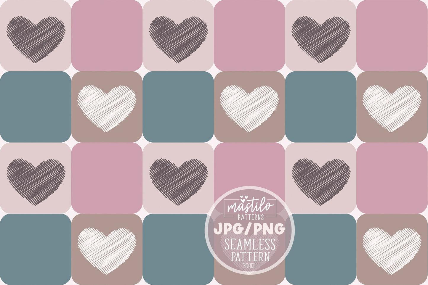 Checker Seamless Pattern with Hearts, Multi Color Checker Seamless Repeat