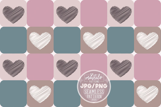 Checker Seamless Pattern with Hearts, Multi Color Checker Seamless Repeat