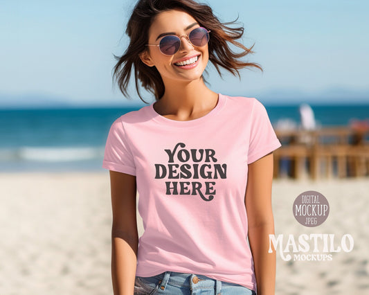 Pink Bella Canvas 3001 Tshirt Model Mockup, Beach Lifestyle Mockup