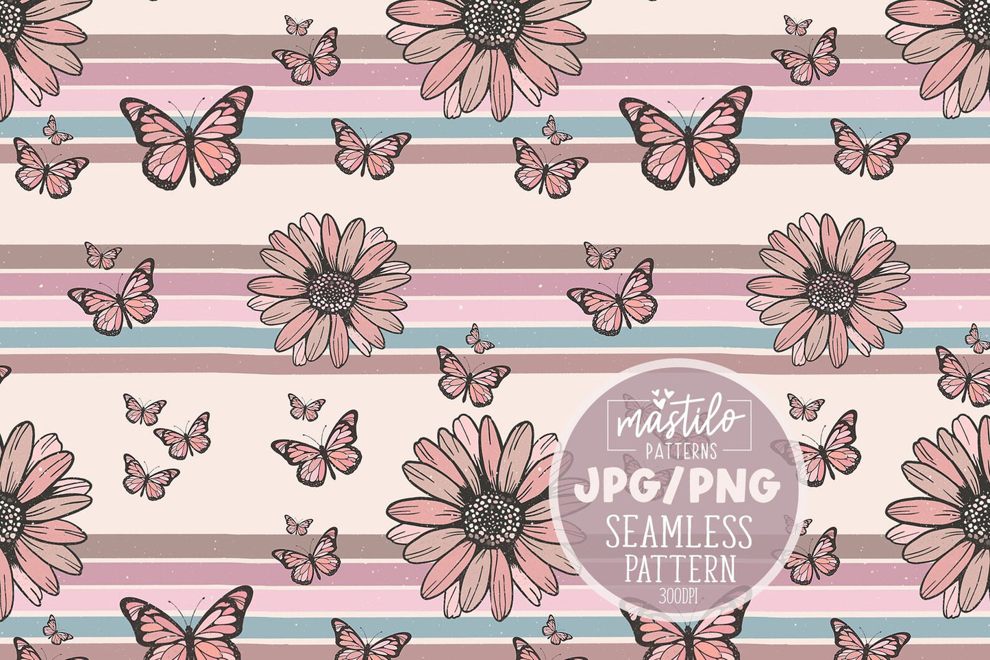 Retro Flowers and Butterflies Seamless Pattern, Retro Fabric Pattern Design