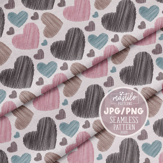 Scribble Hearts Seamless Pattern, Hearts Fabric Pattern Design