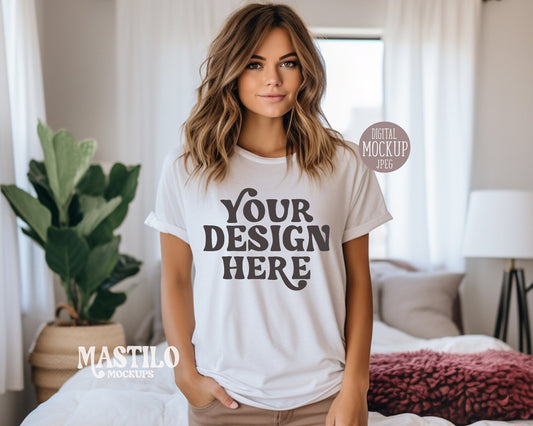 White Bella Canvas 3001 Tshirt Modeled Mockup, Styled Trendy Boho Bella Canvas