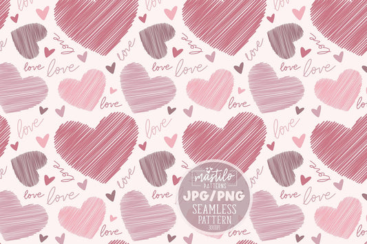 Scribble Hearts Seamless Pattern, Valentine Hearts repeat pattern