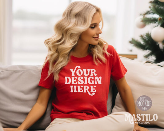 Christmas Red Bella Canvas 3001 Model mockup, Red Bella Canvas Tee