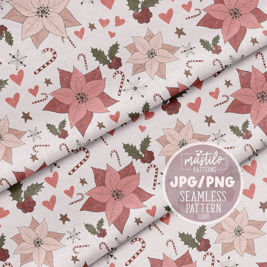 Boho Vintage Floral Christmas Seamless Pattern, Boho Christmas Pattern