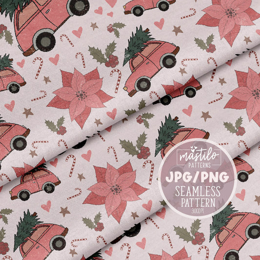 Boho Vintage Truck Christmas Seamless Pattern, Boho Christmas Pattern