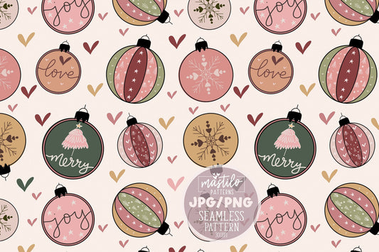 Boho Christmas Seamless Pattern, Christmas Ornaments Seamless