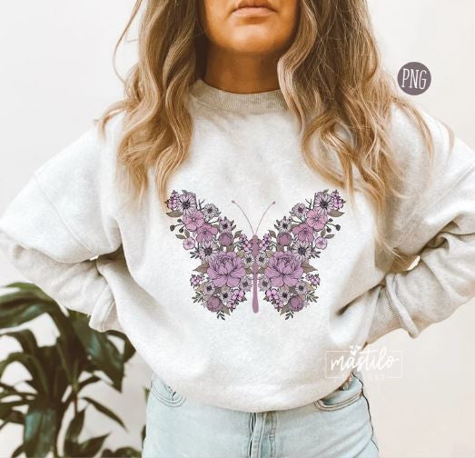 Boho Floral Butterfly Purple Png